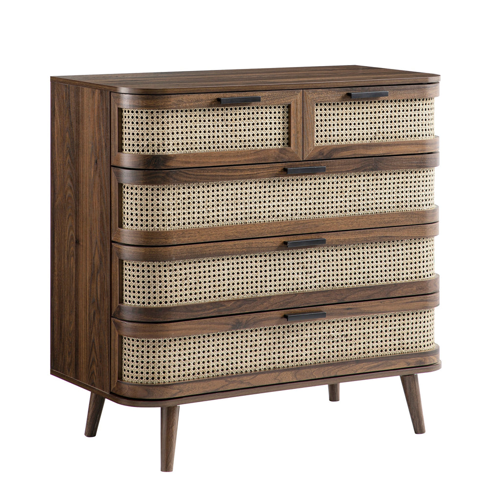Izzy Curved Rattan Chest of 5 Drawers, Walnut