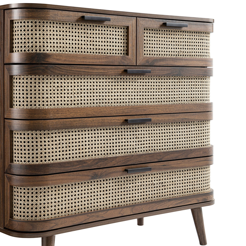Izzy Curved Rattan Chest of 5 Drawers, Walnut