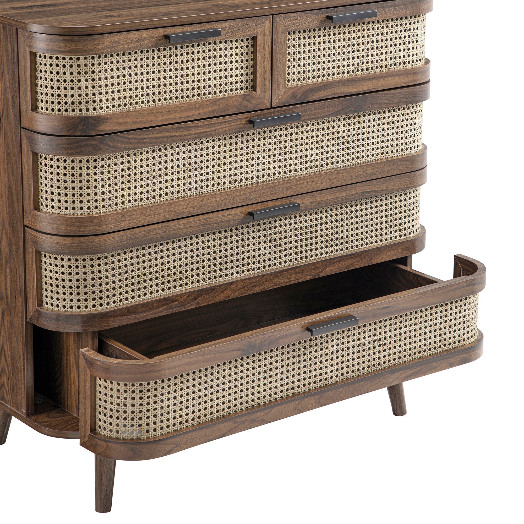 Izzy Curved Rattan Chest of 5 Drawers, Walnut