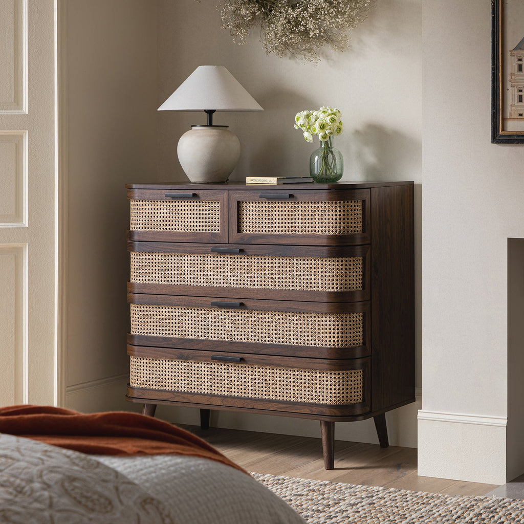 Izzy Curved Rattan Chest of 5 Drawers, Walnut
