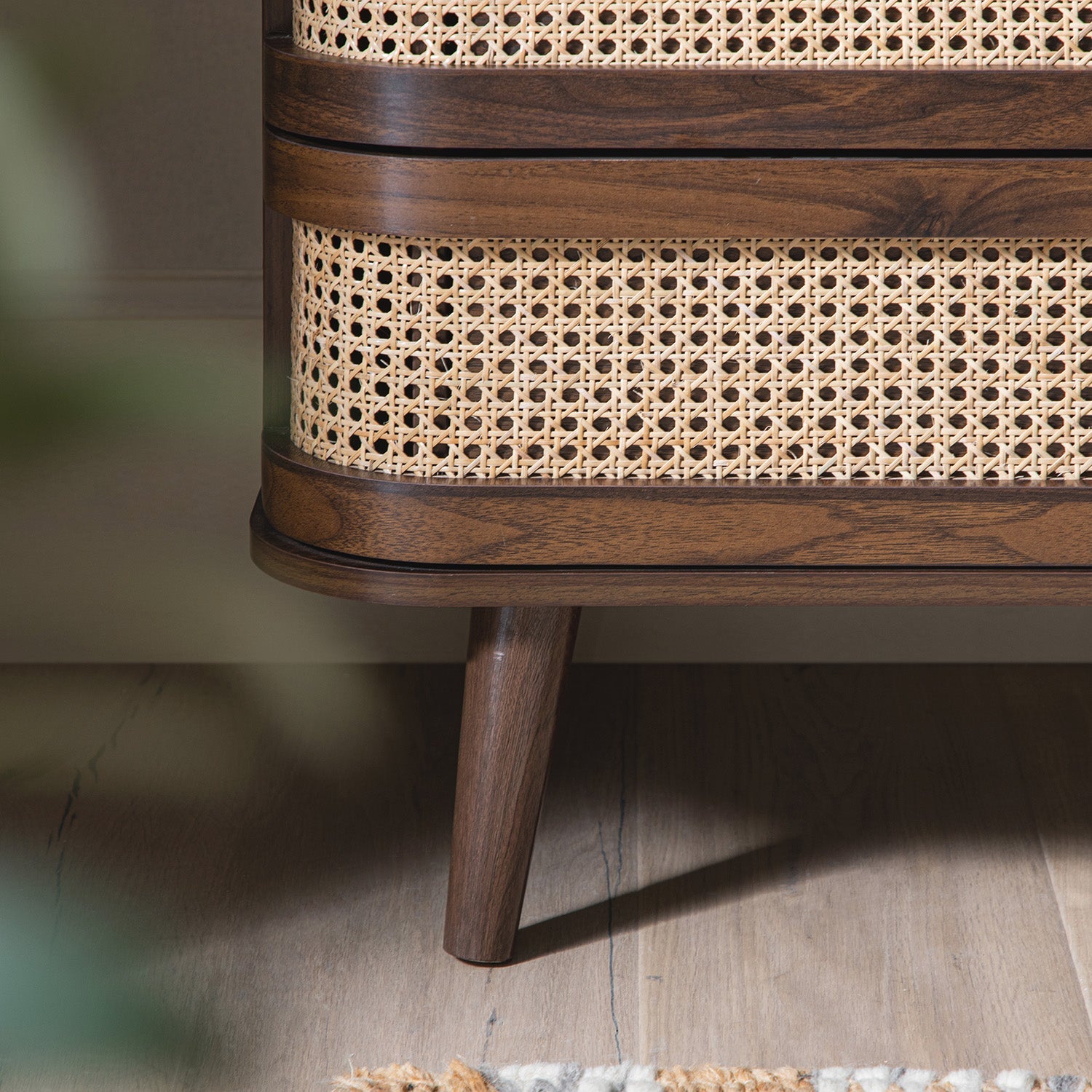 Izzy Curved Rattan Chest of 5 Drawers, Walnut