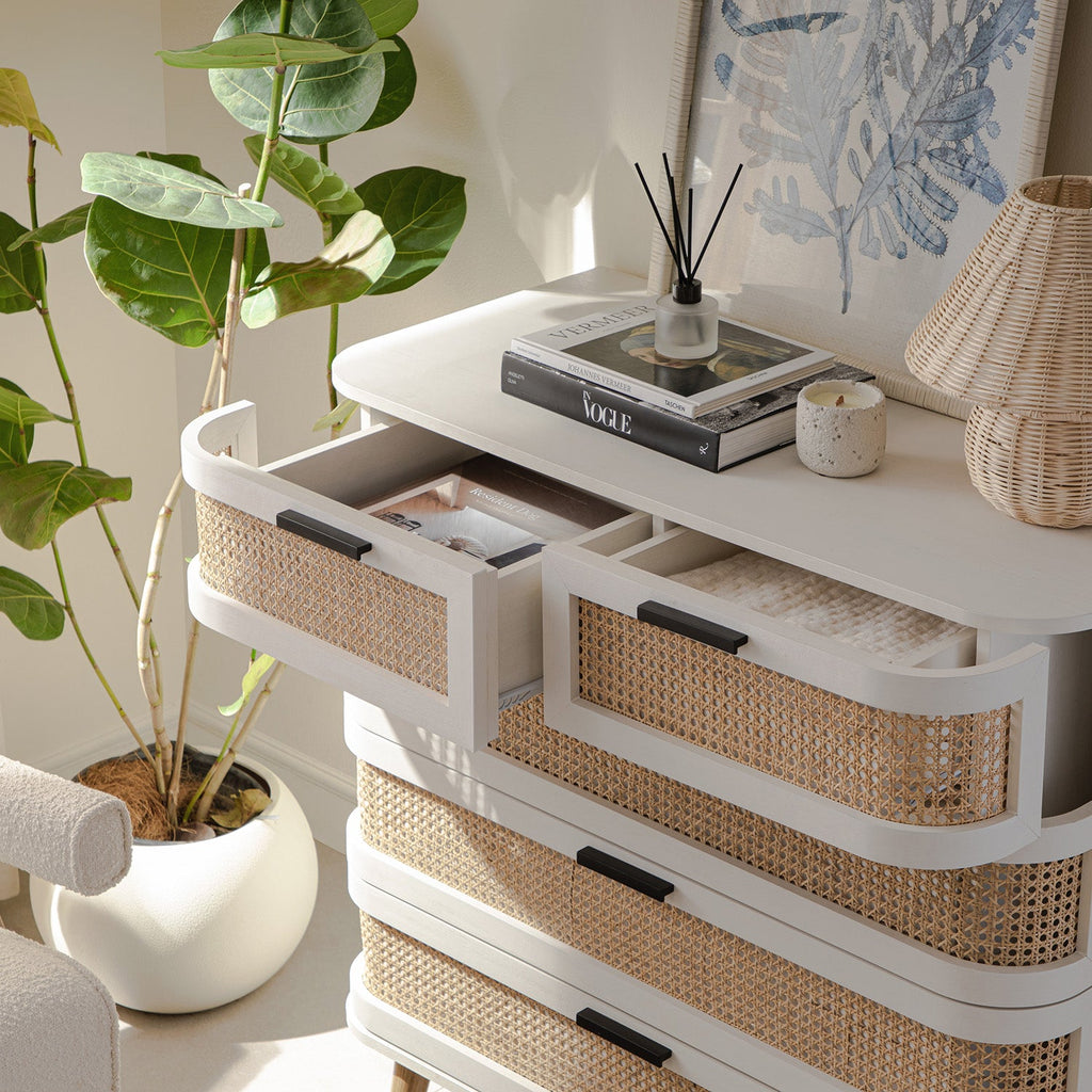 Izzy Curved Rattan Chest of 5 Drawers, White