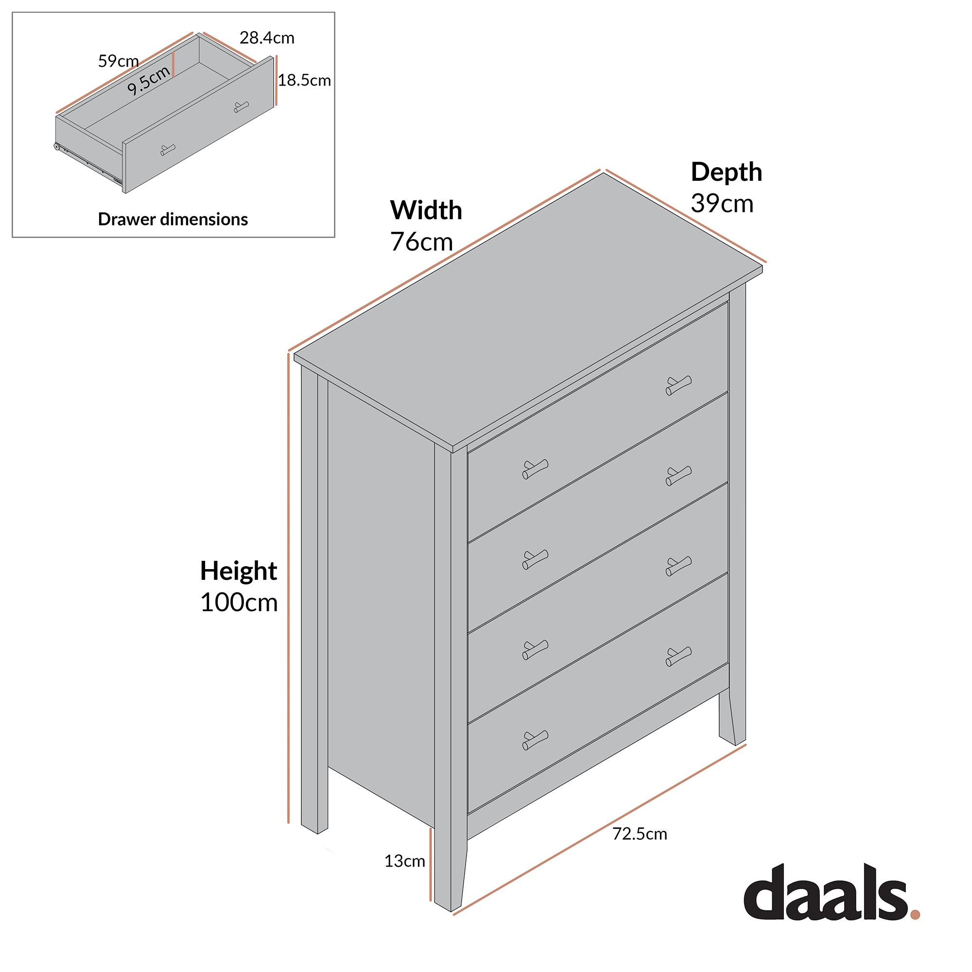 Oakham Chest of 4 Drawers, Nude Pink