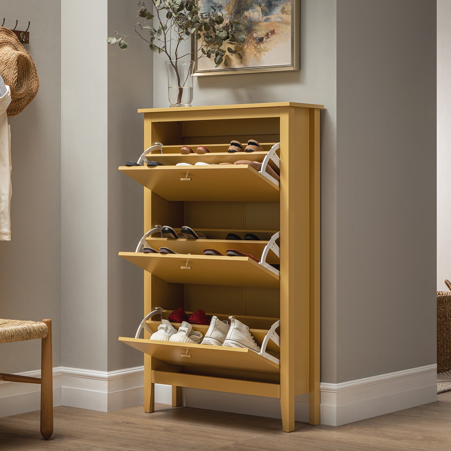 Oakham 3-Tier Shoe Cabinet, Rattan Yellow