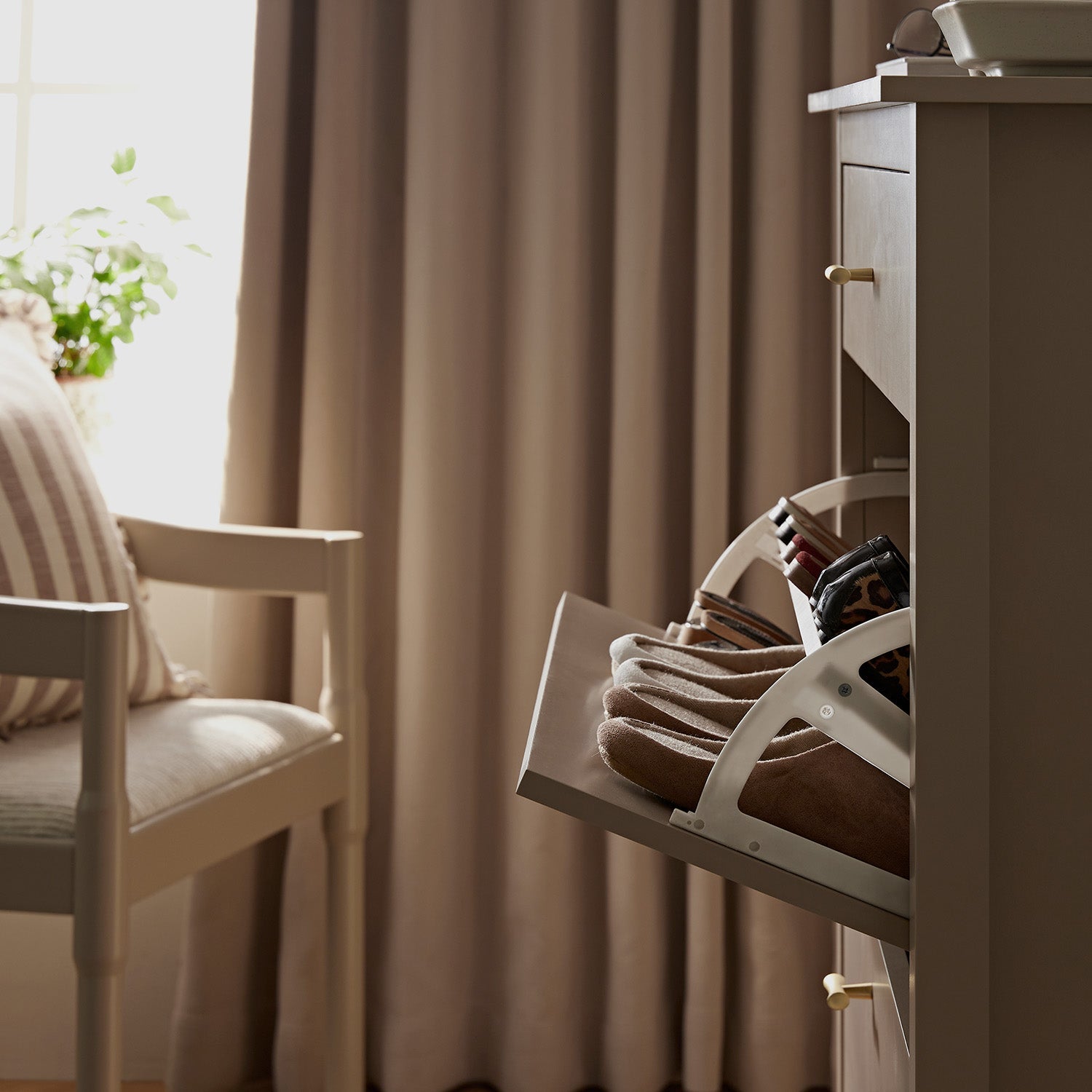 Oakham 2-Tier Shoe Cabinet with Top Drawer, Deep Greige