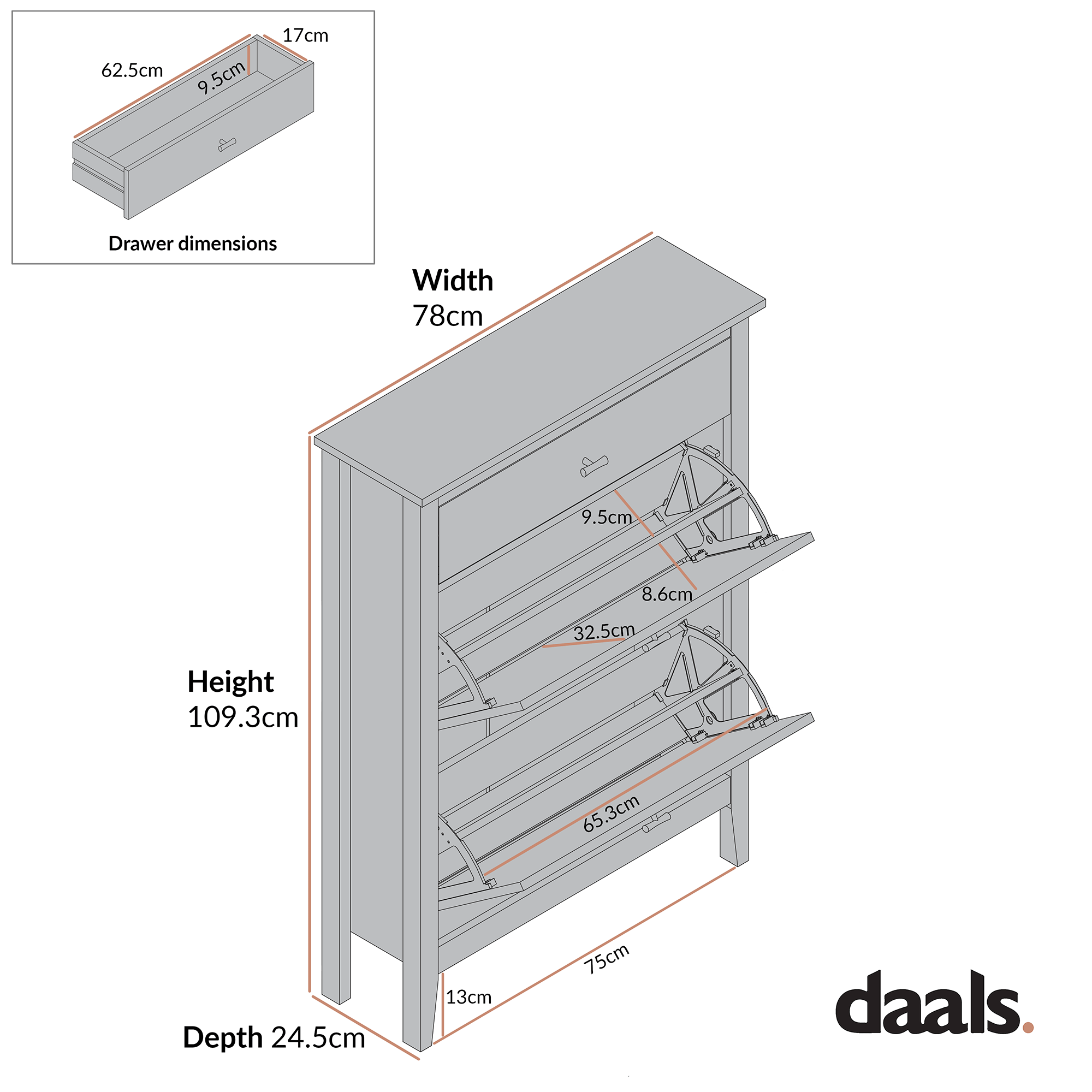 Oakham 2-Tier Shoe Cabinet with Top Drawer, Deep Greige