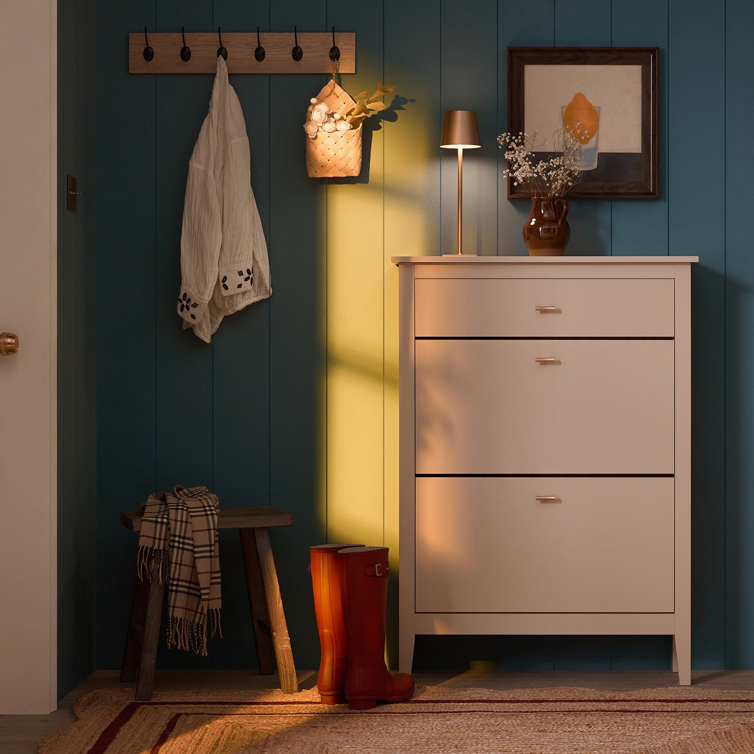 Oakham 2-Tier Shoe Cabinet with Top Drawer, Nude Pink