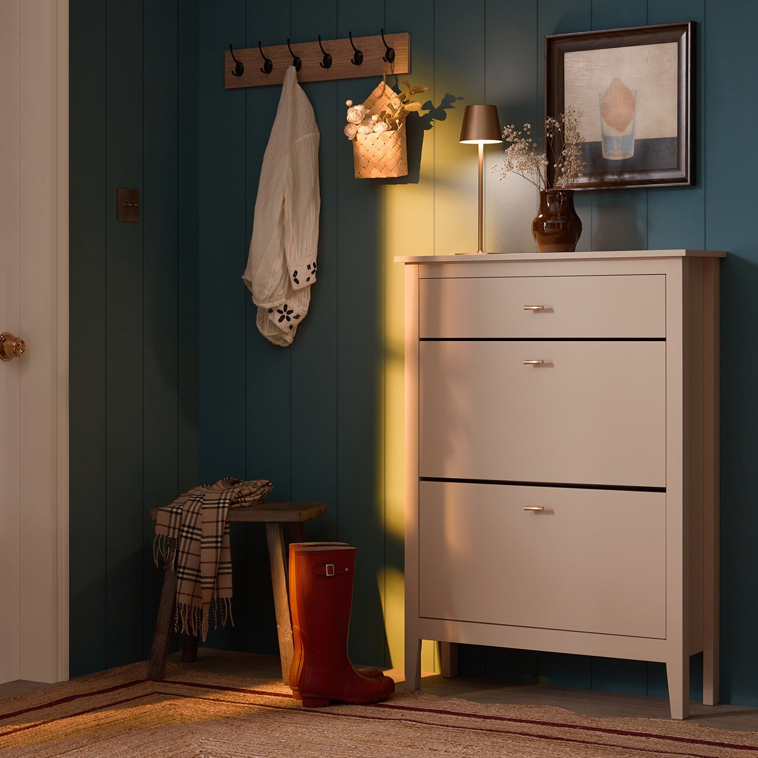 Oakham 2-Tier Shoe Cabinet with Top Drawer, Nude Pink