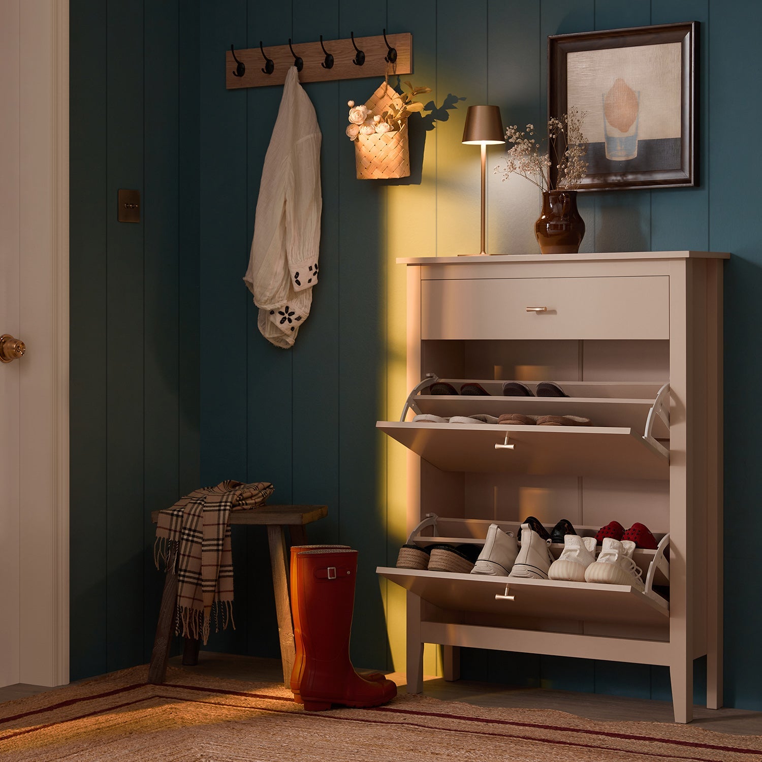 Oakham 2-Tier Shoe Cabinet with Top Drawer, Nude Pink