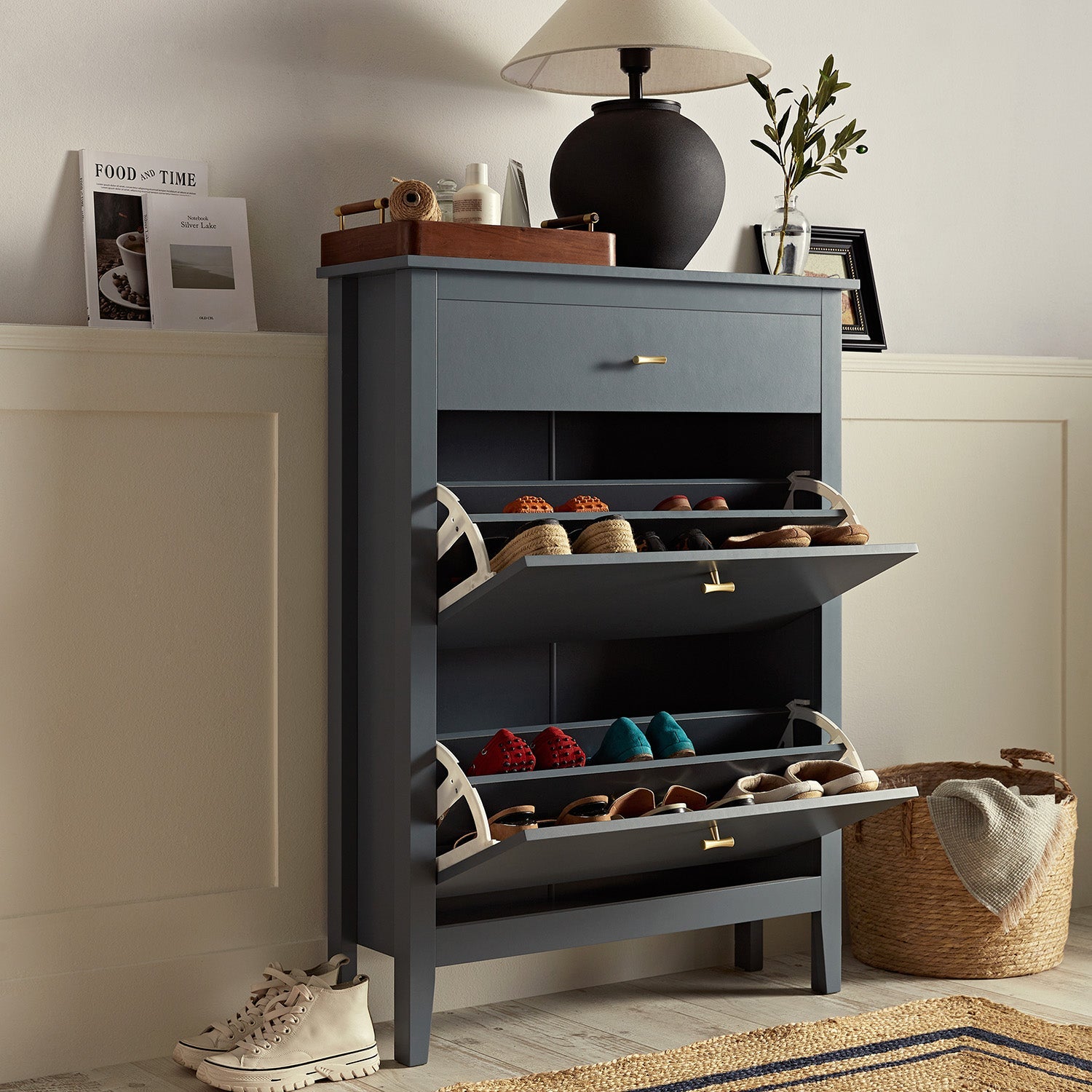 Oakham 2-Tier Shoe Cabinet with Top Drawer, Stormy Blue