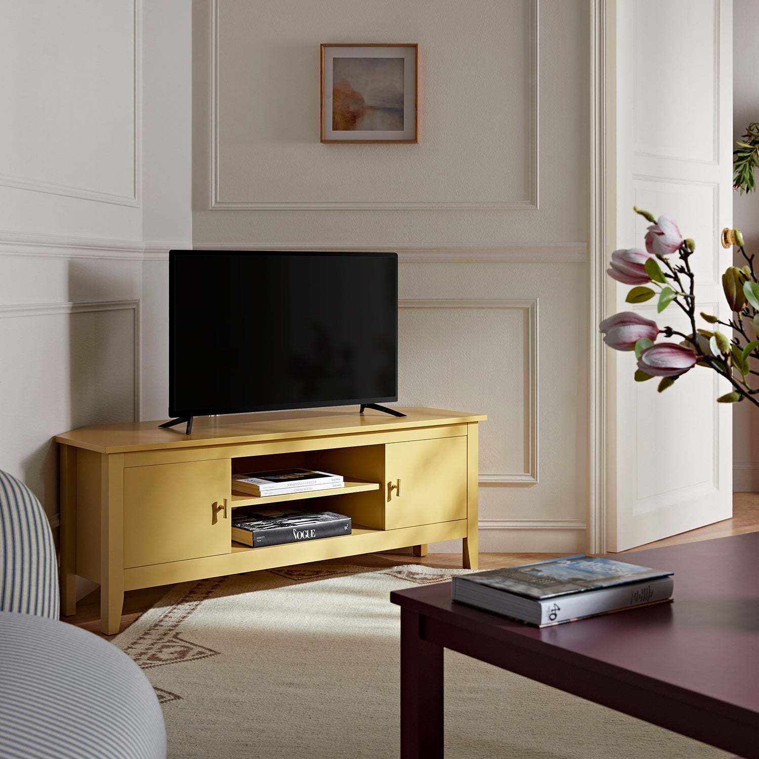 Oakham 120cm Corner TV Unit, Rattan Yellow