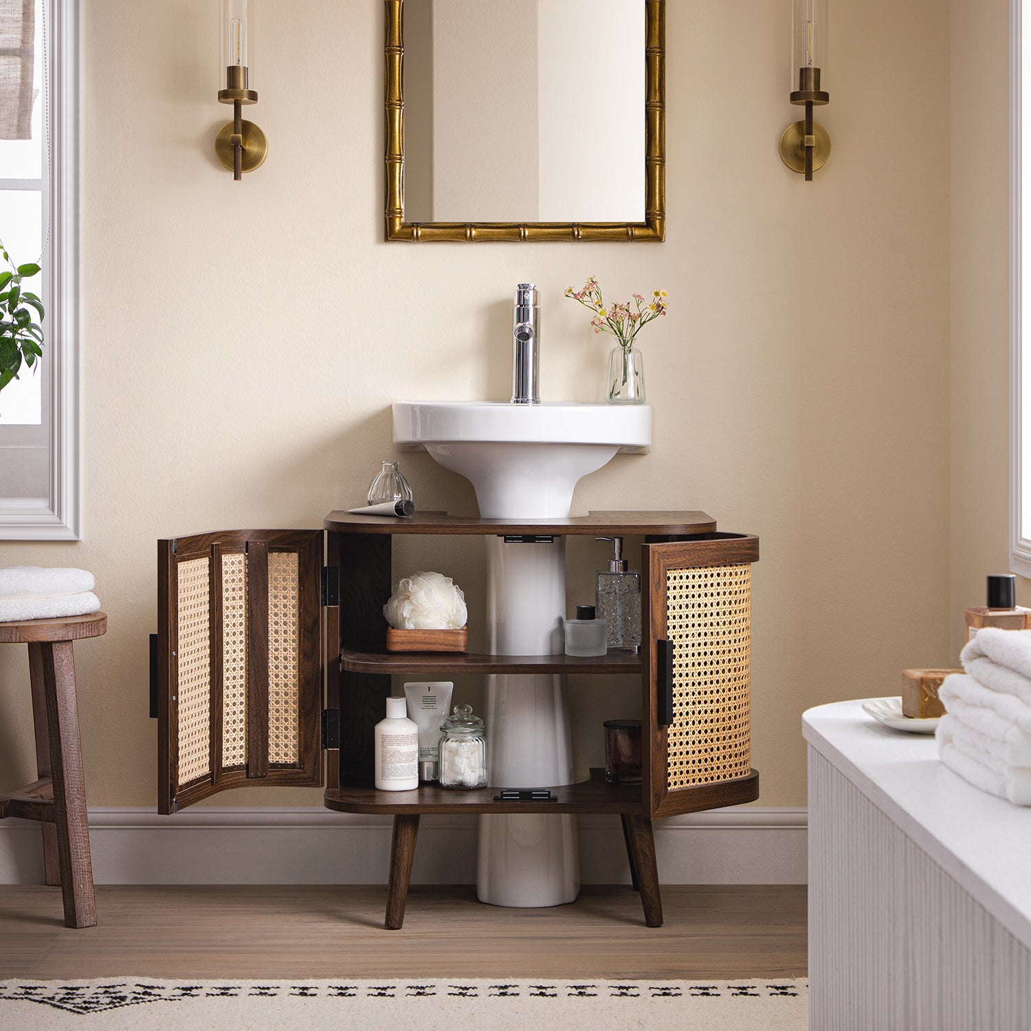Izzy Curved Rattan Undersink Unit, Walnut