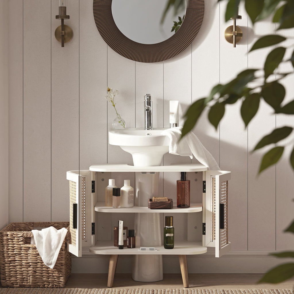 Izzy Curved Rattan Undersink Unit, White