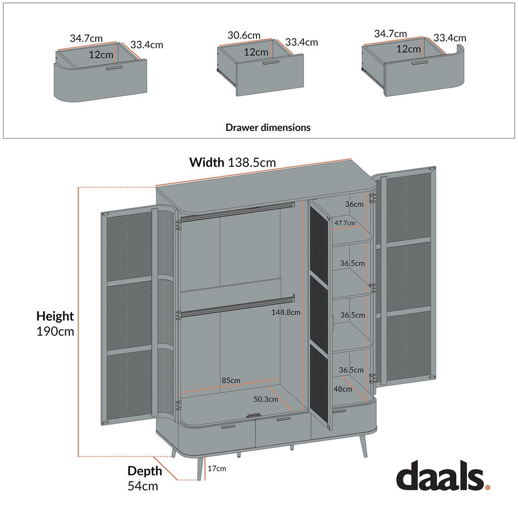 Izzy Curved Rattan Triple Wardrobe, White
