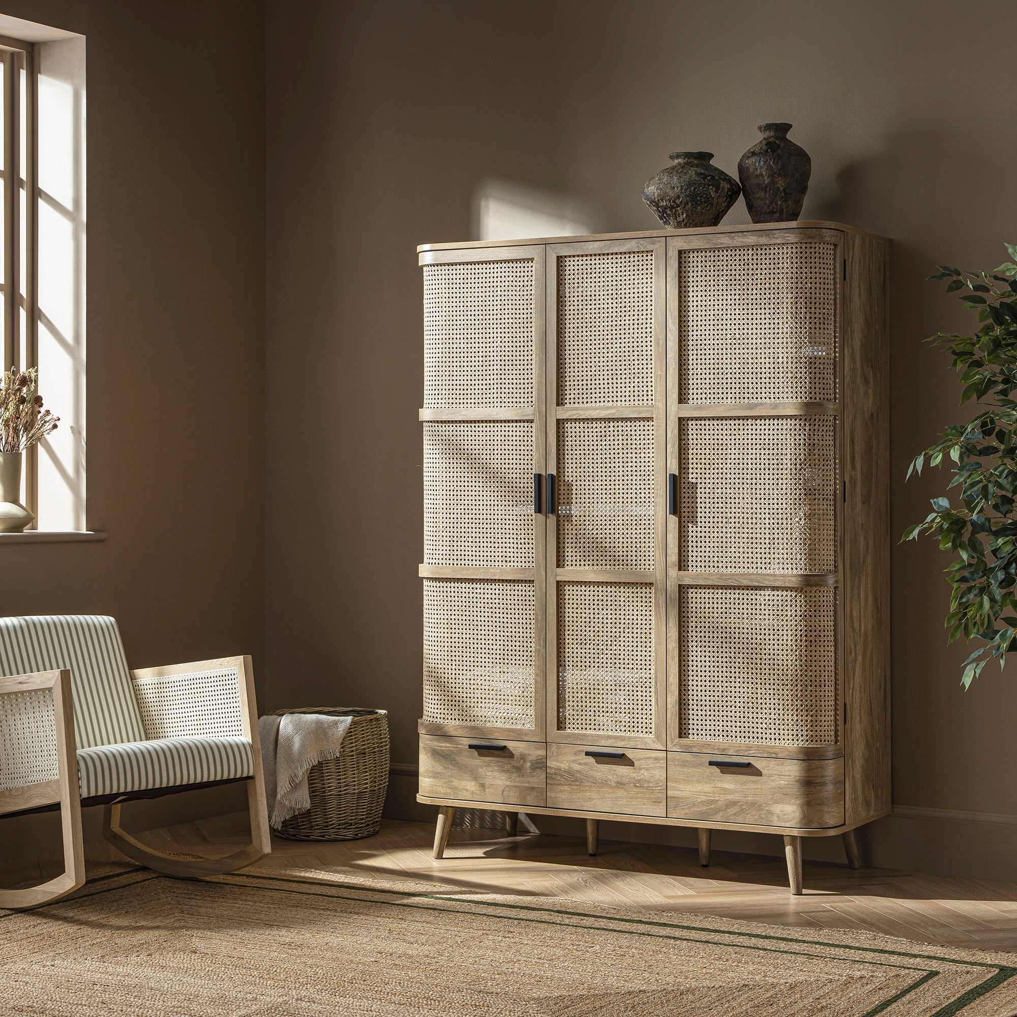 Izzy Curved Rattan Triple Wardrobe, Natural
