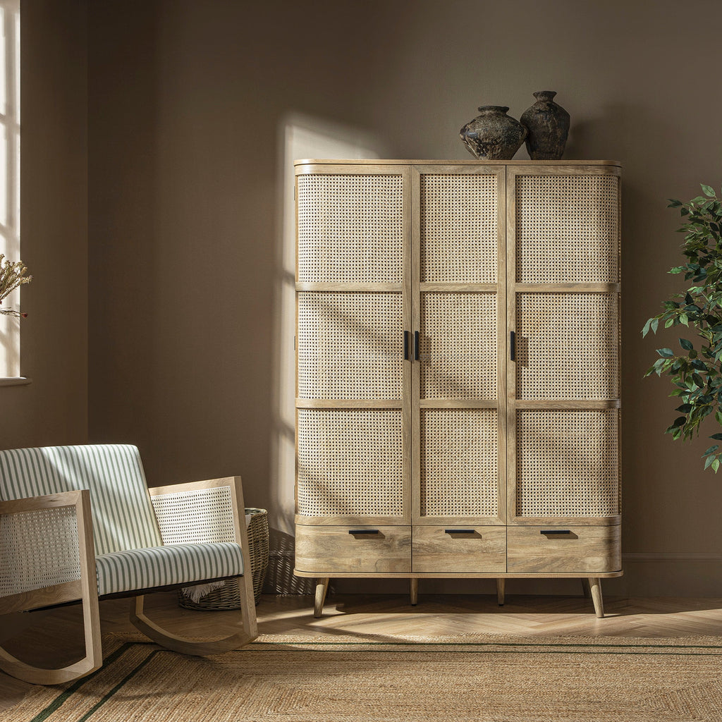 Izzy Curved Rattan Triple Wardrobe, Natural