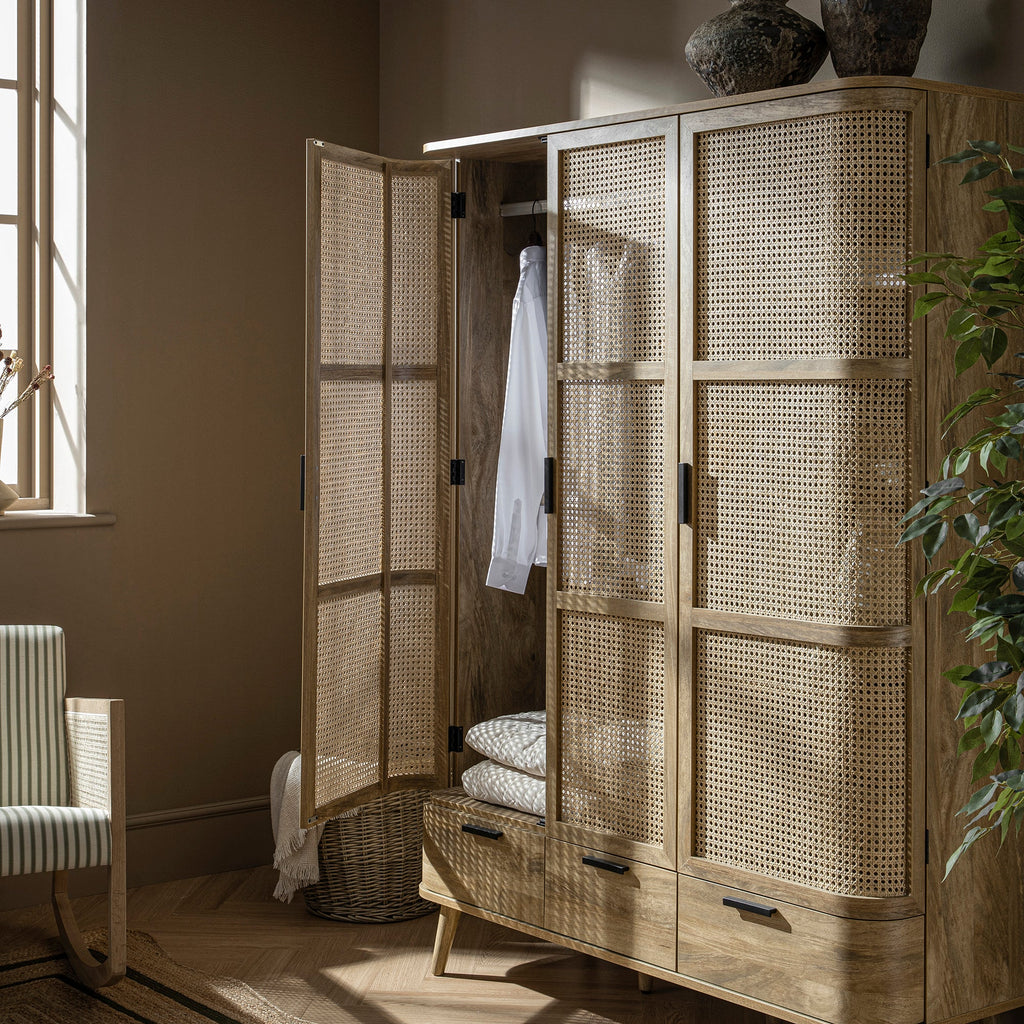 Izzy Curved Rattan Triple Wardrobe, Natural