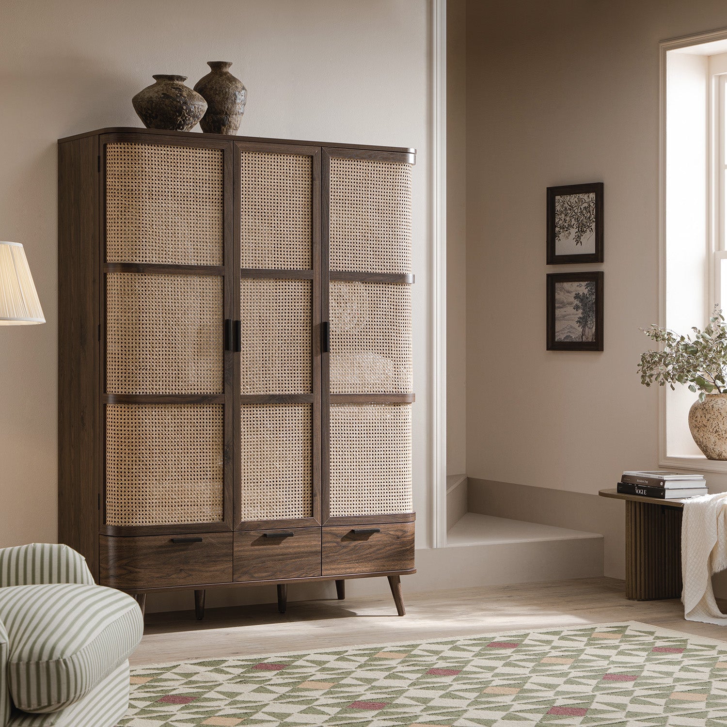 Izzy Curved Rattan Triple Wardrobe, Walnut