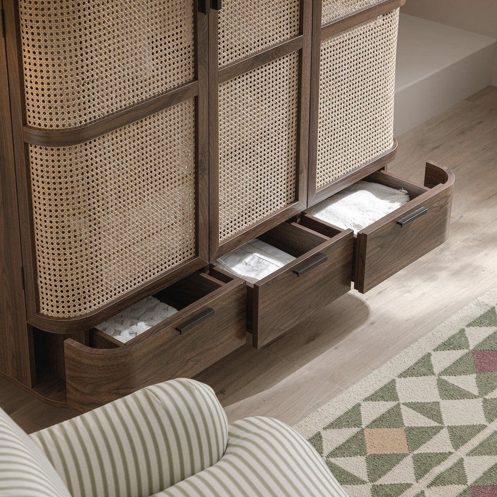 Izzy Curved Rattan Triple Wardrobe, Walnut