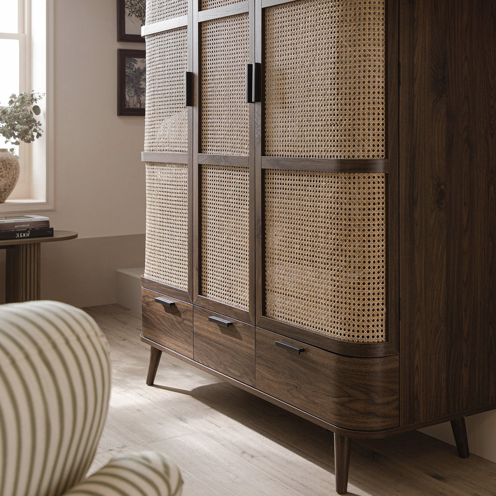Izzy Curved Rattan Triple Wardrobe, Walnut