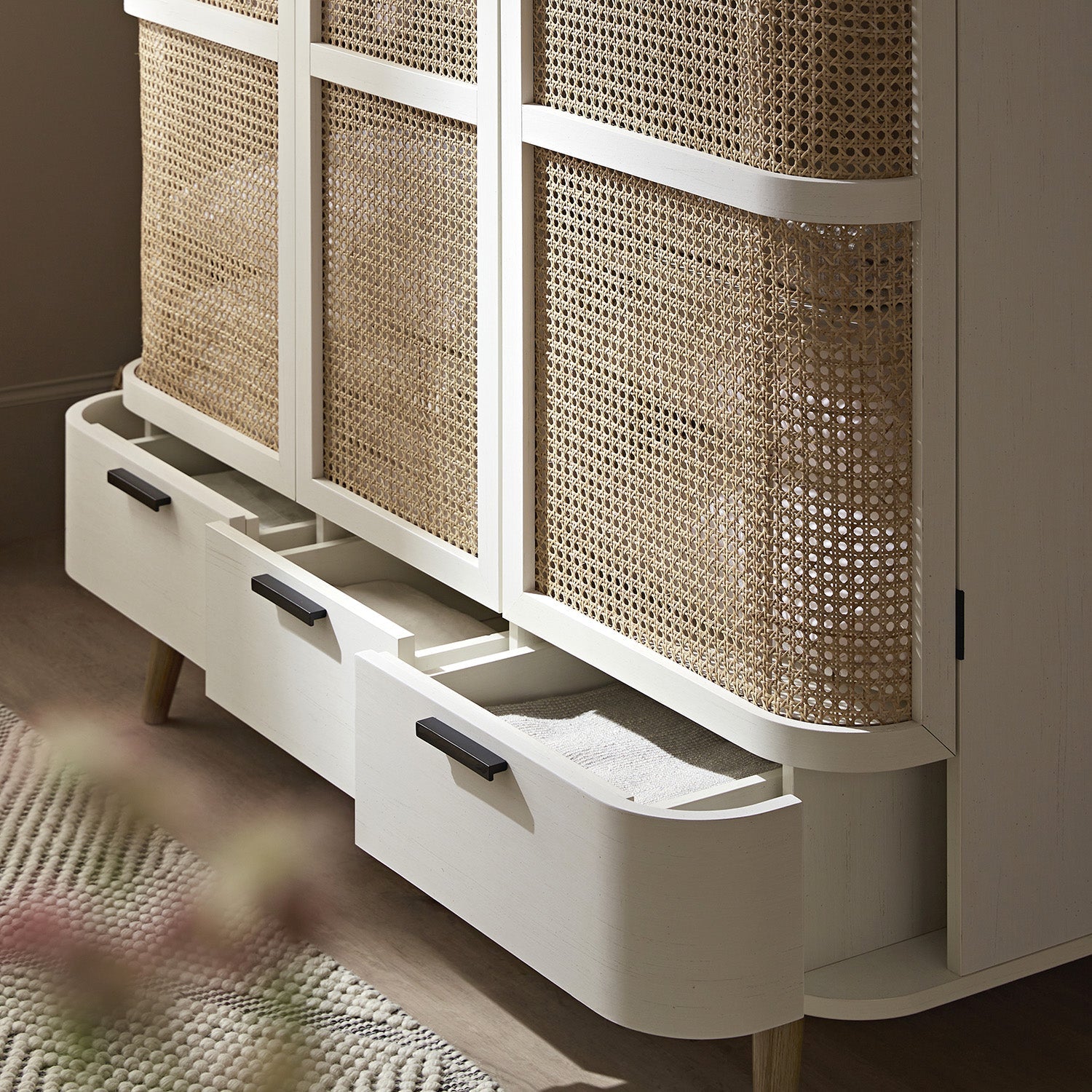 Izzy Curved Rattan Triple Wardrobe, White