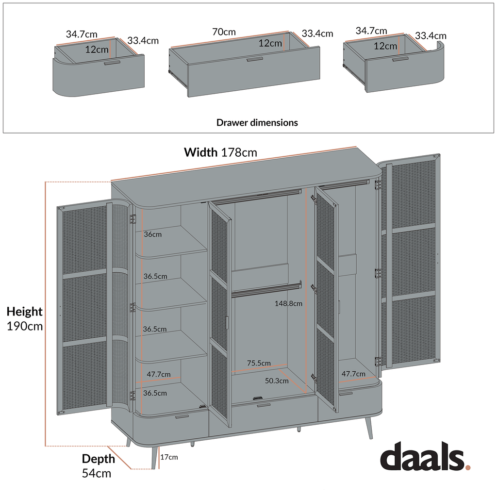 Izzy Curved Rattan 4-Door Wardrobe, Walnut