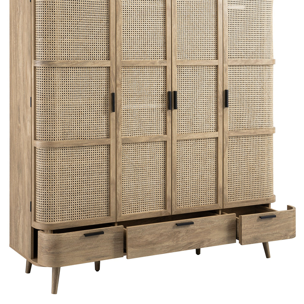 Izzy Curved Rattan 4-Door Wardrobe, Natural