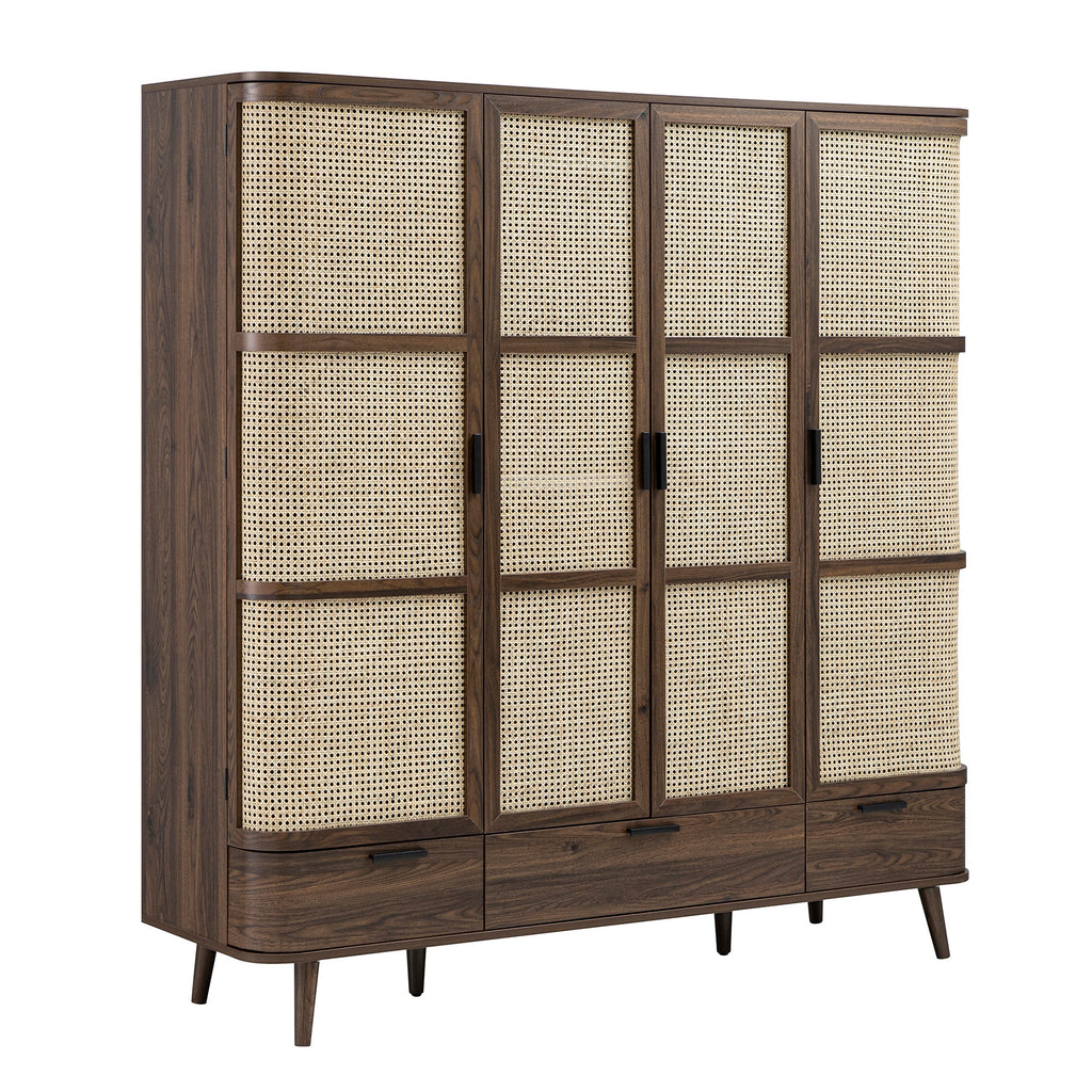 Izzy Curved Rattan 4-Door Wardrobe, Walnut