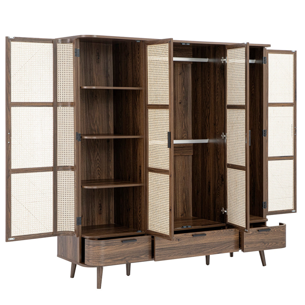 Izzy Curved Rattan 4-Door Wardrobe, Walnut