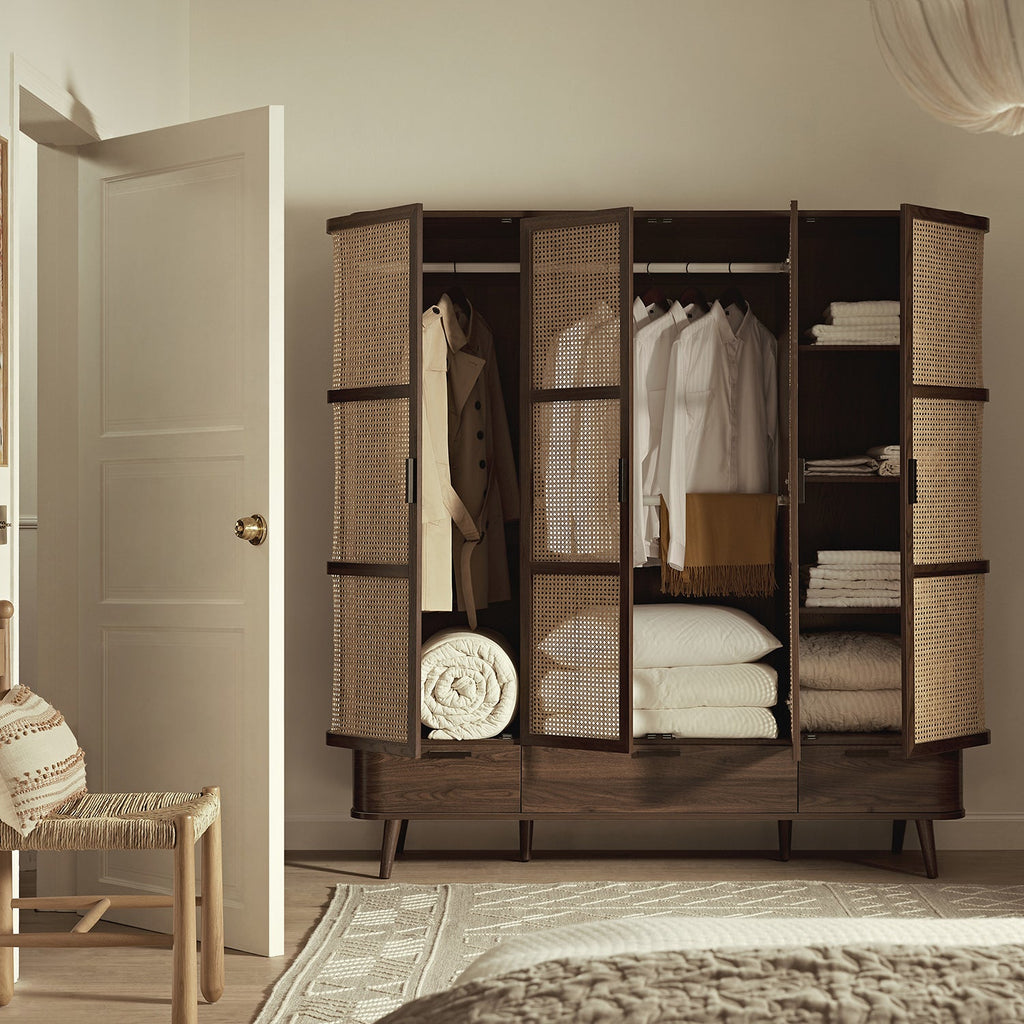 Izzy Curved Rattan 4-Door Wardrobe, Walnut