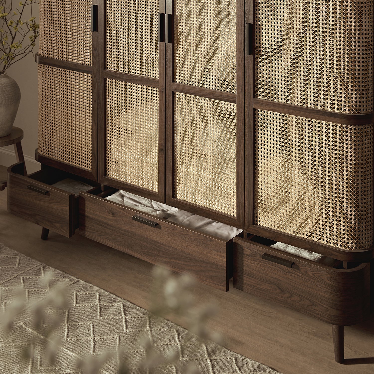 Izzy Curved Rattan 4-Door Wardrobe, Walnut