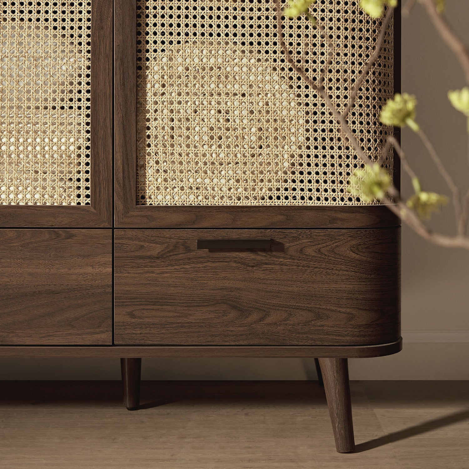 Izzy Curved Rattan 4-Door Wardrobe, Walnut