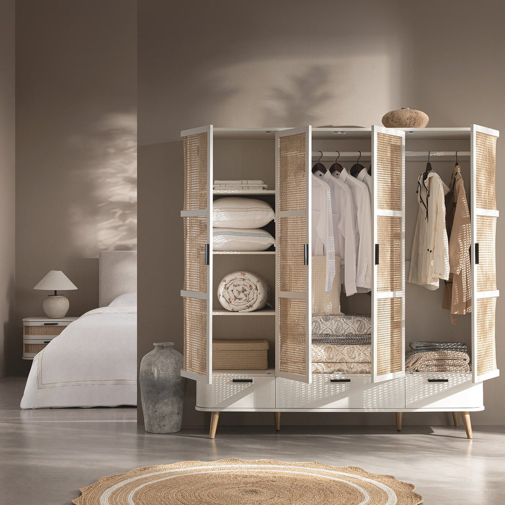 Izzy Curved Rattan 4-Door Wardrobe, White