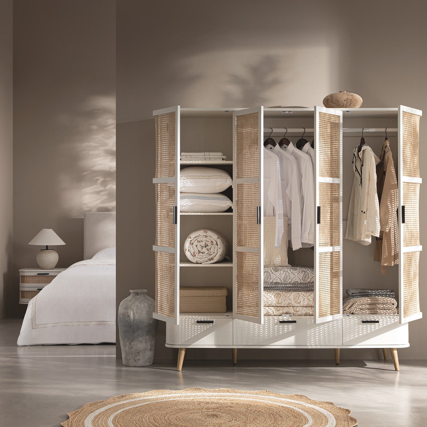 Izzy Curved Rattan 4-Door Wardrobe, White