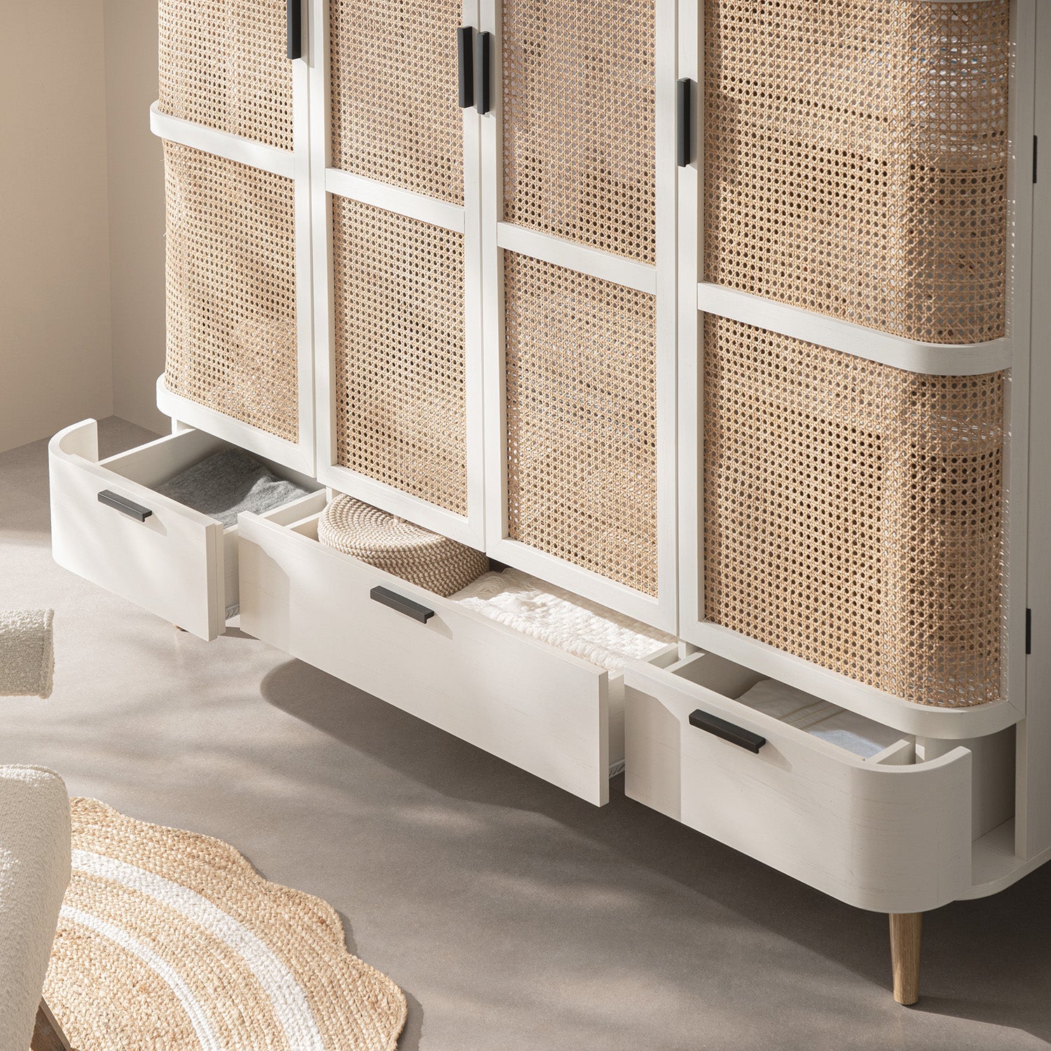 Izzy Curved Rattan 4-Door Wardrobe, White