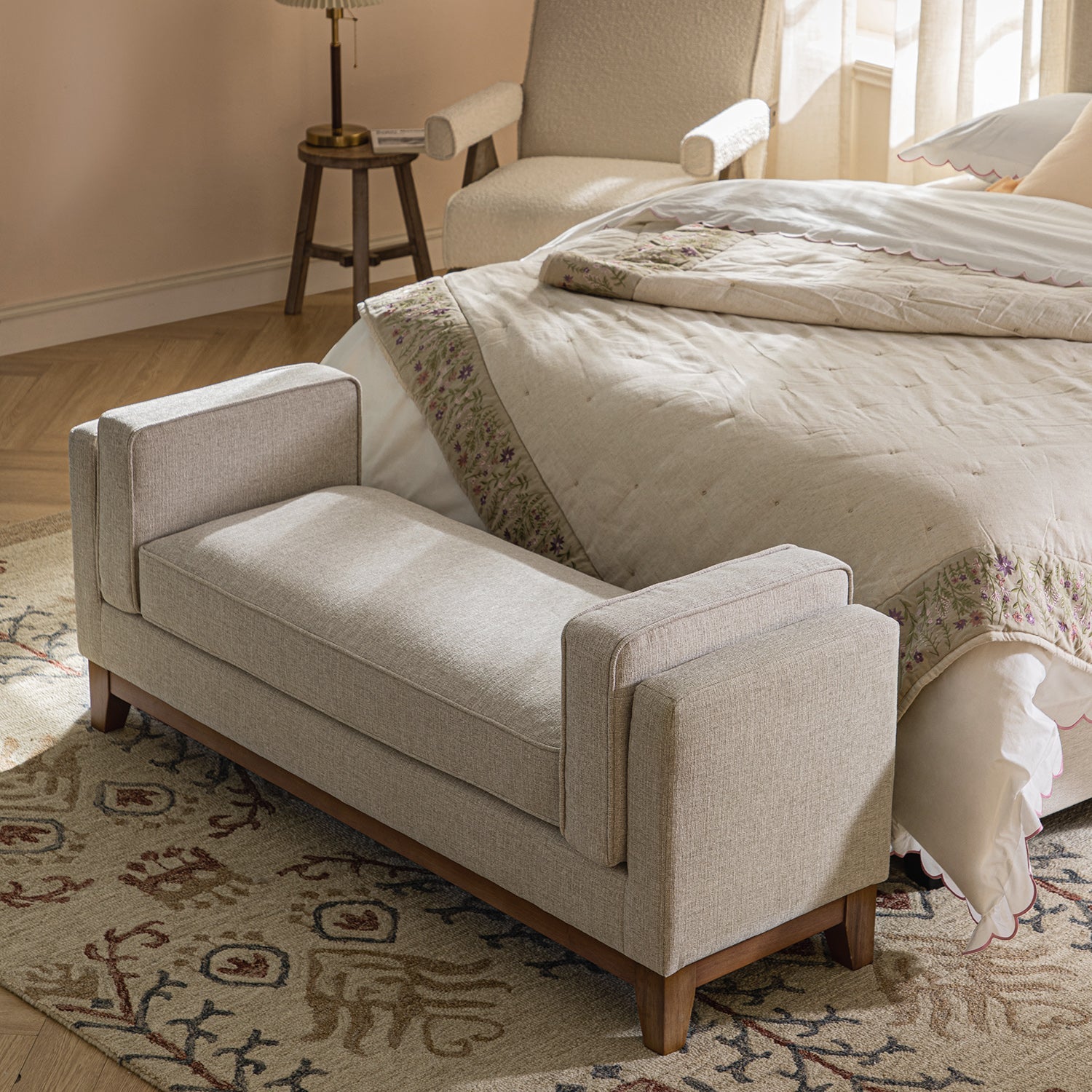 Dipley Oatmeal Woven Fabric Upholstered Bench