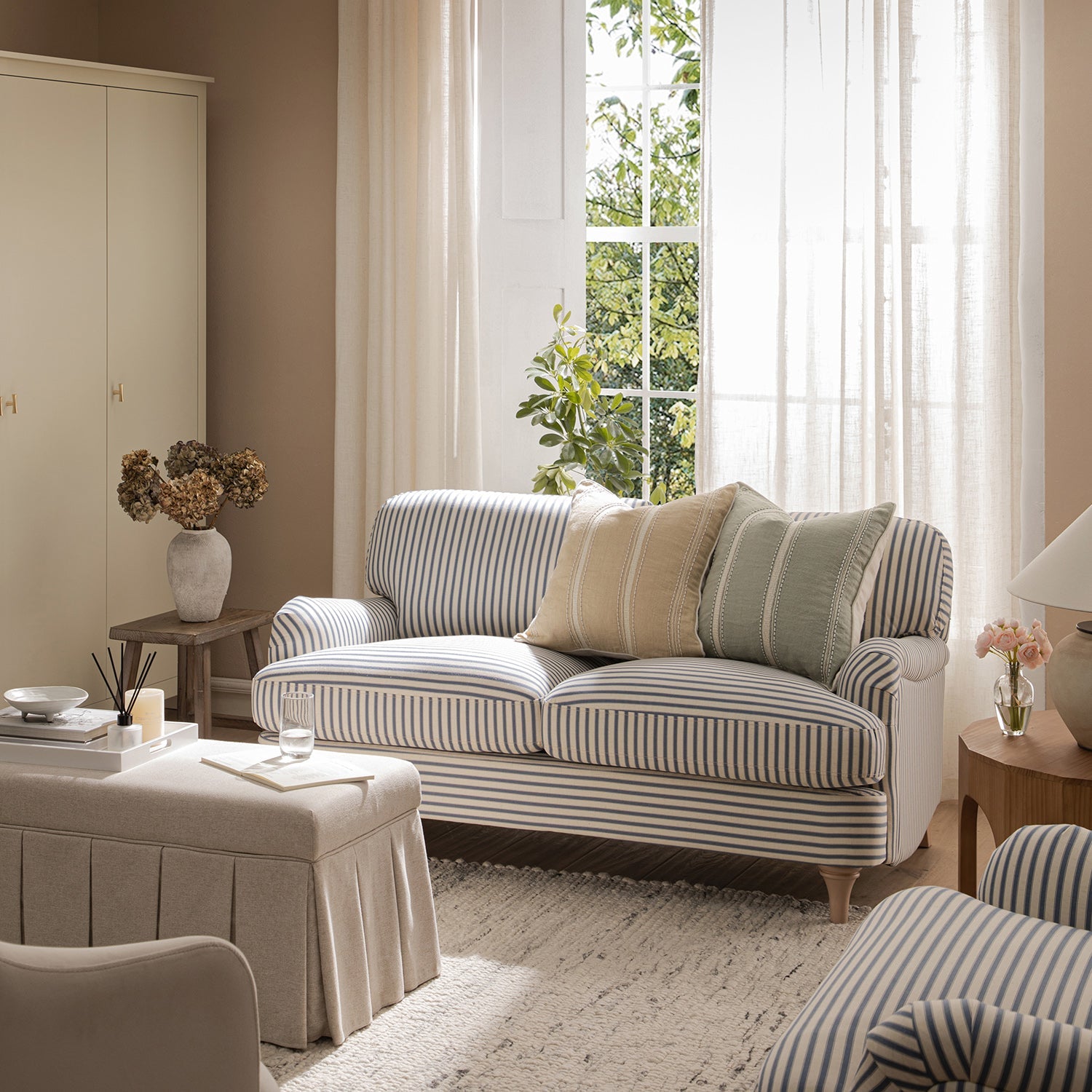 Daphnis Blue Striped Linen Blend Sofa, 2-Seater