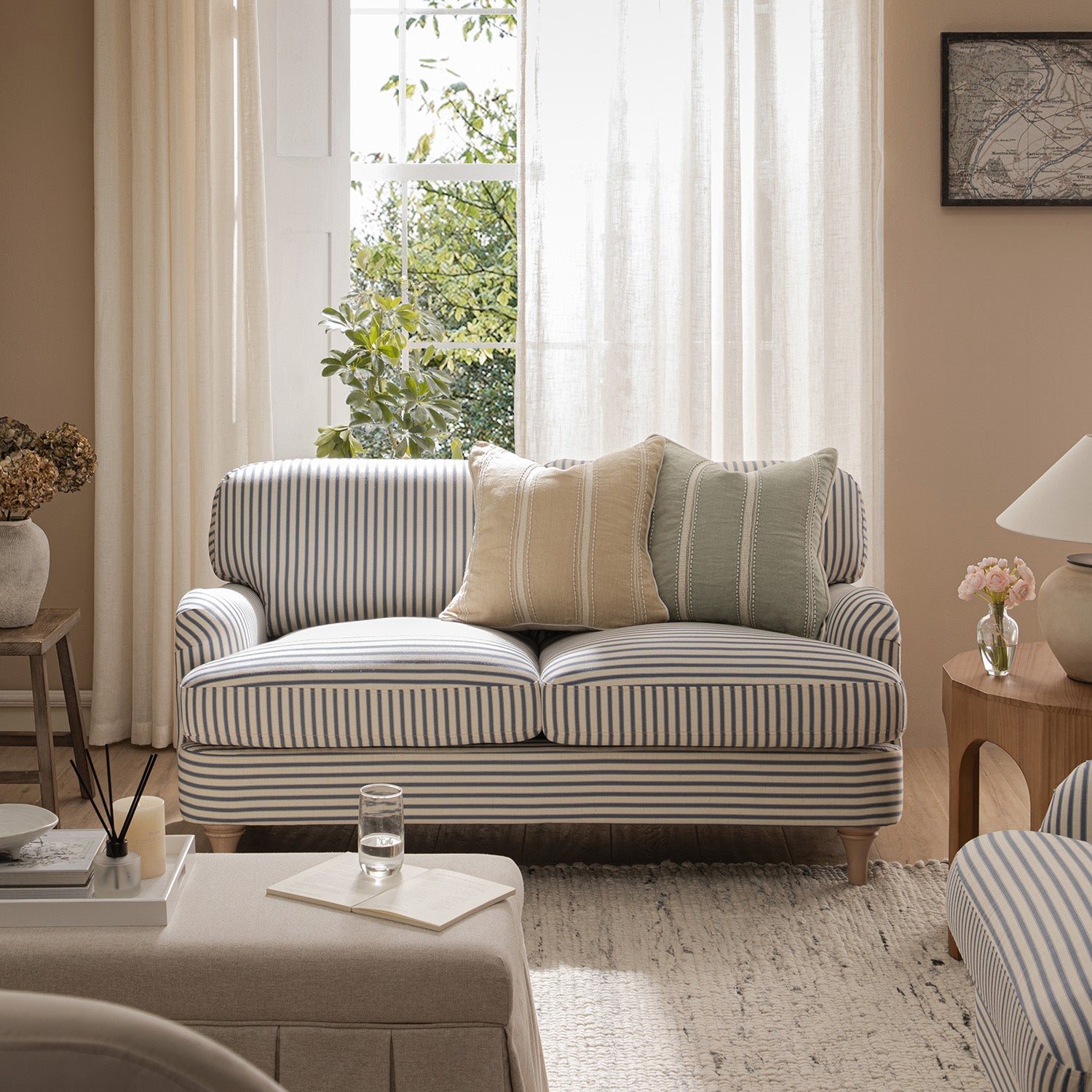 Daphnis Blue Striped Linen Blend Sofa, 2-Seater