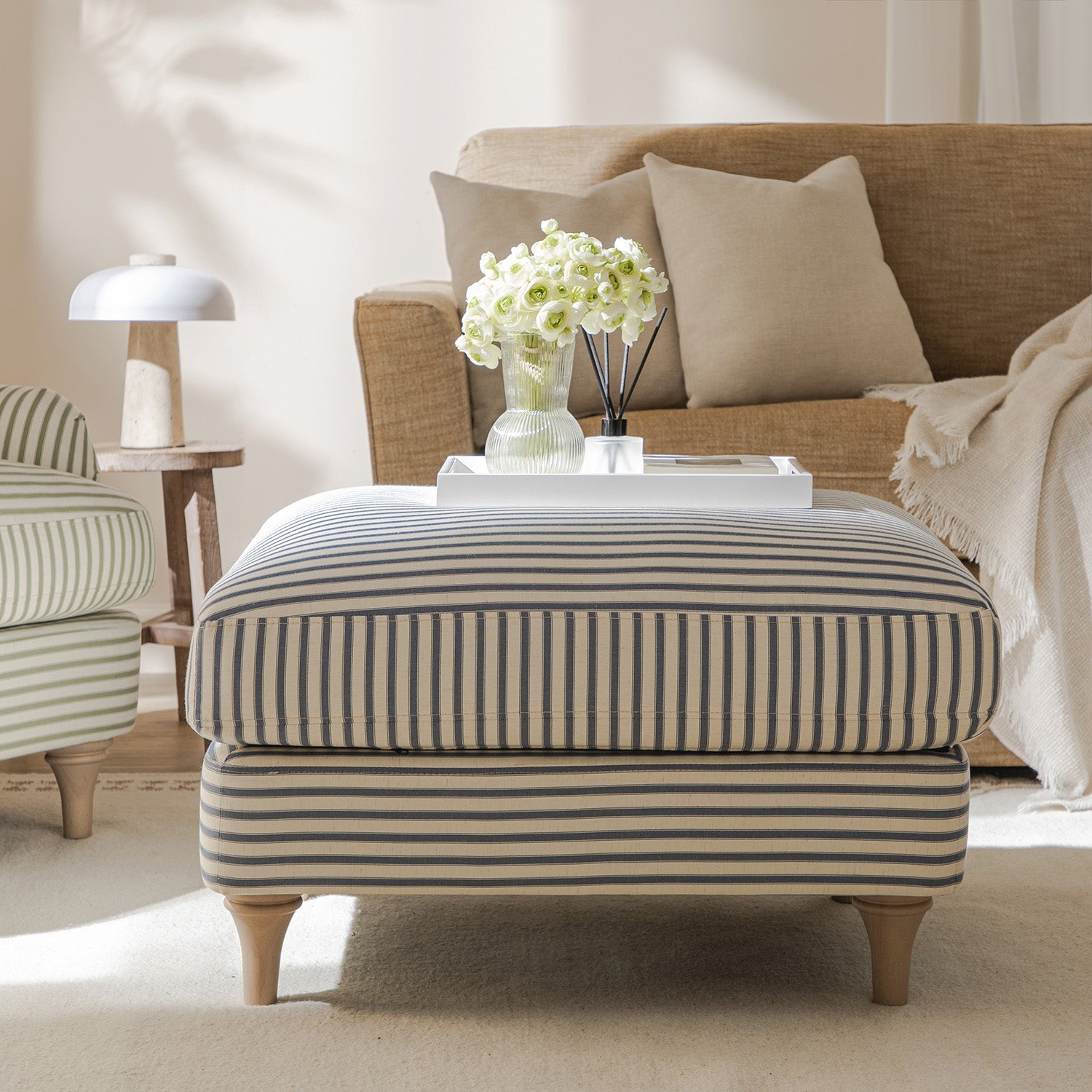 Daphnis Blue Striped Linen Blend Footstool