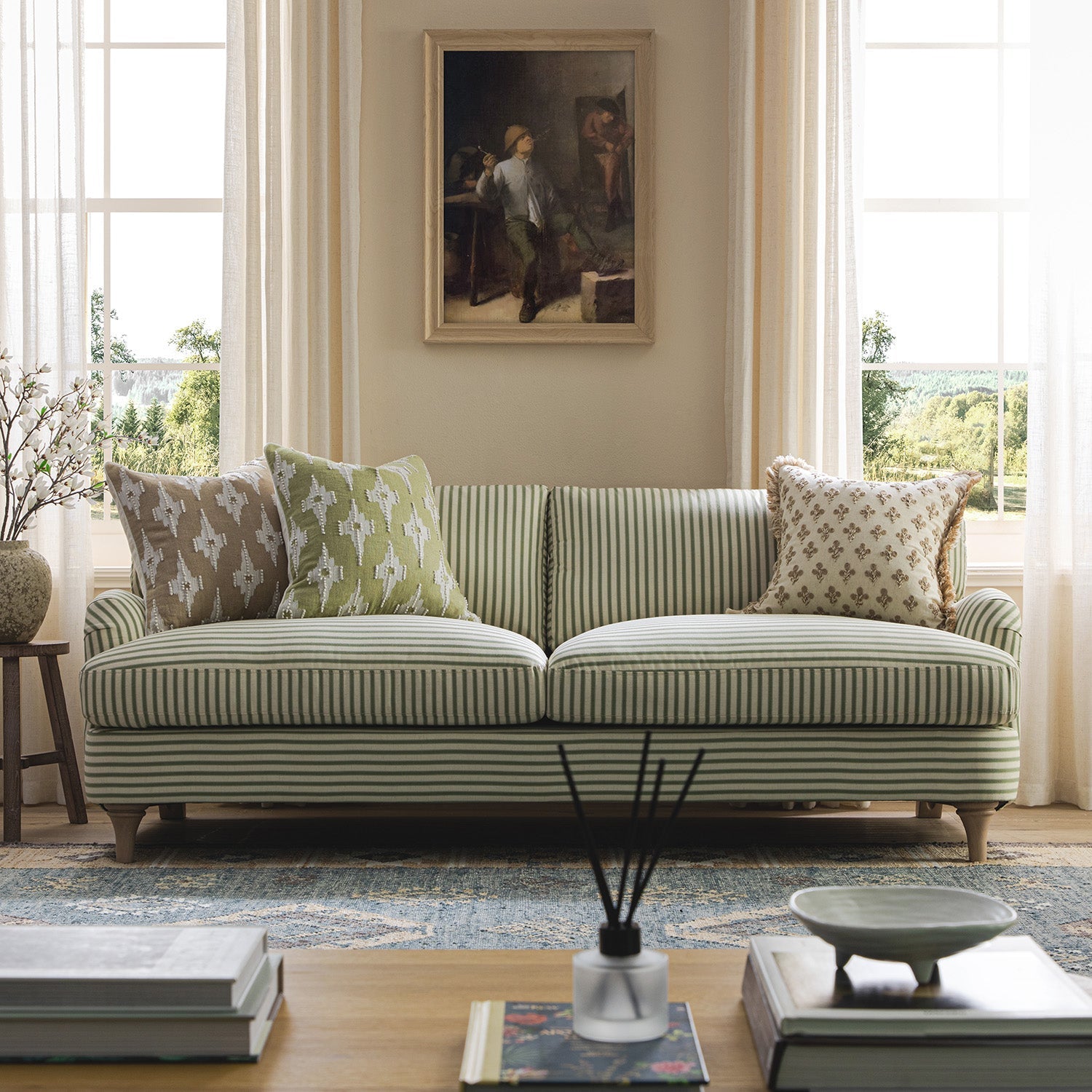 Daphnis Green Striped Linen Blend Sofa, 3-Seater
