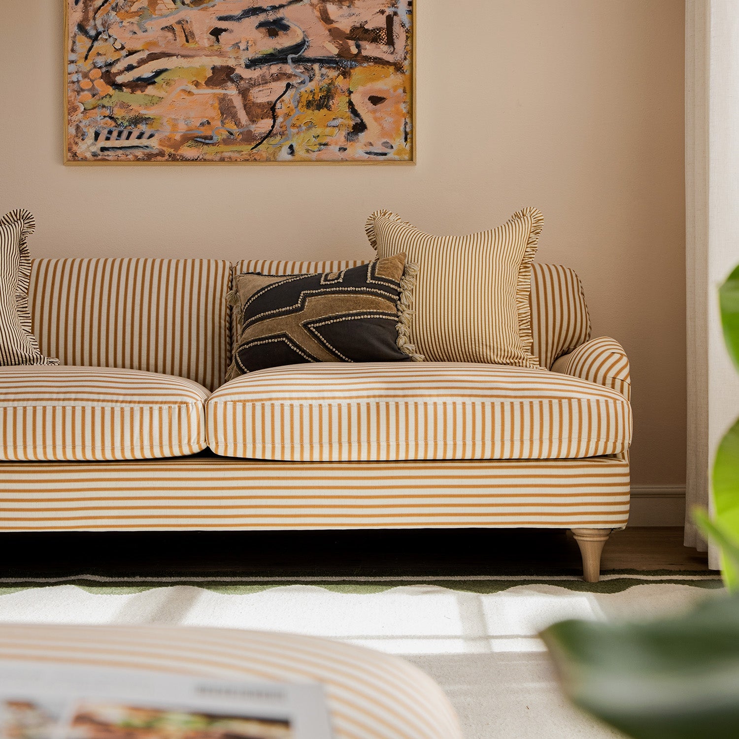 Daphnis Ochre Striped Linen Blend Sofa, 3-Seater