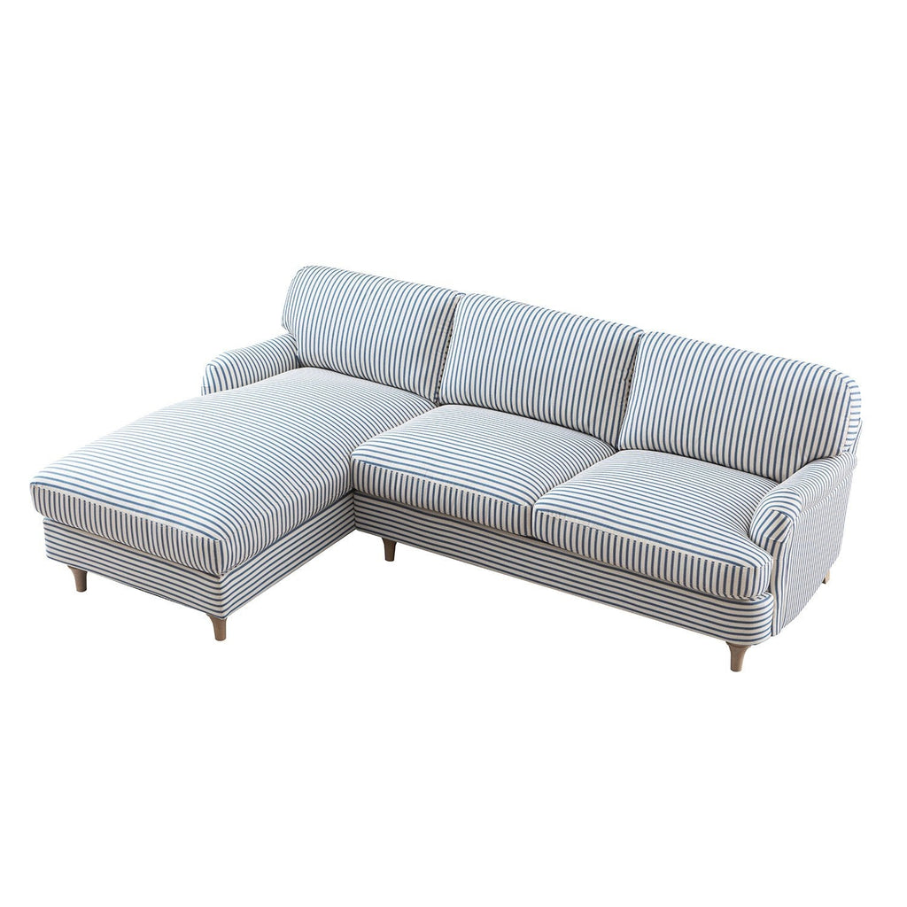 Daphnis Blue Striped Linen Blend Sofa, Grande Chaise Sofa Left Hand Facing