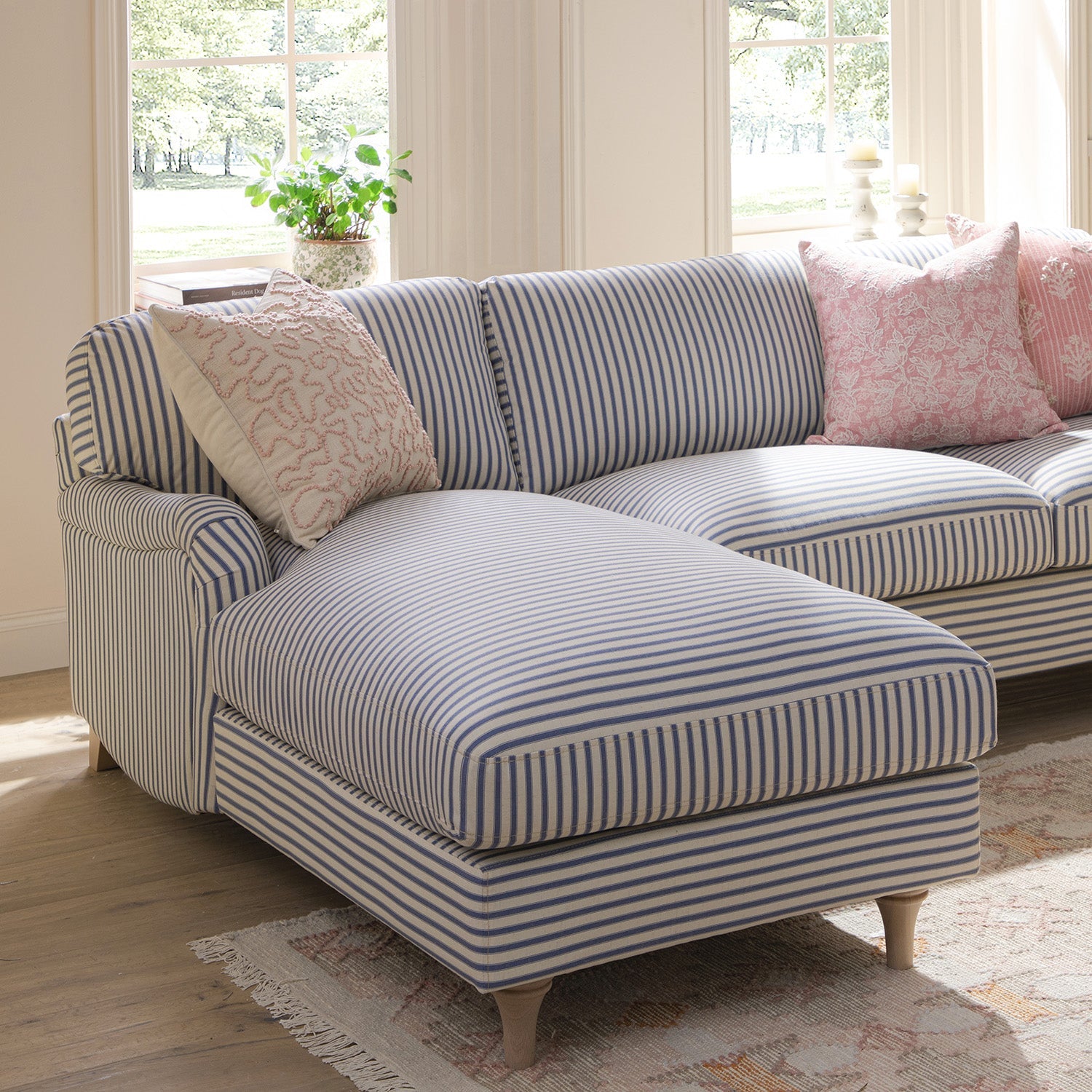 Daphnis Blue Striped Linen Blend Sofa, Grande Chaise Sofa Left Hand Facing