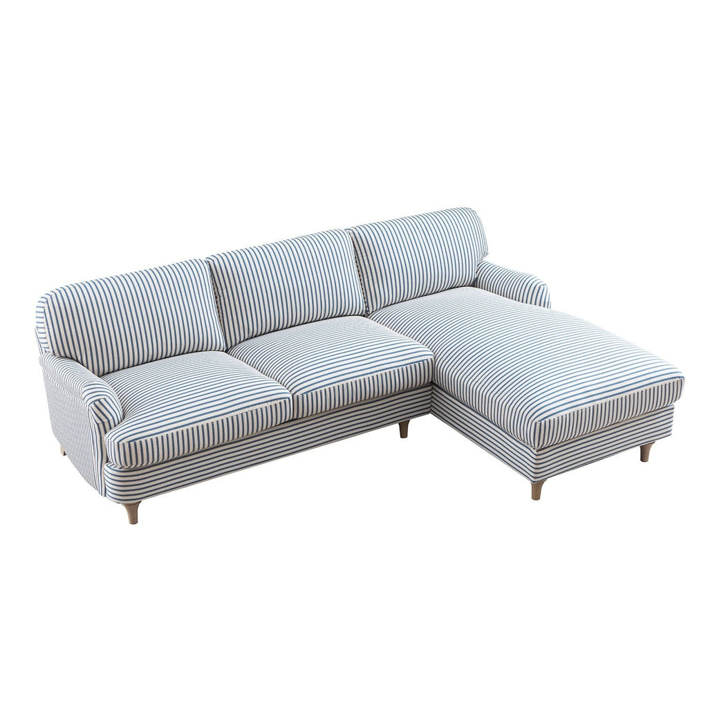 Daphnis Blue Striped Linen Blend Sofa, Grande Chaise Sofa Right Hand Facing