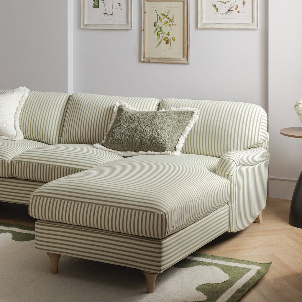 Daphnis Green Striped Linen Blend Sofa, Grande Chaise Sofa Right Hand Facing
