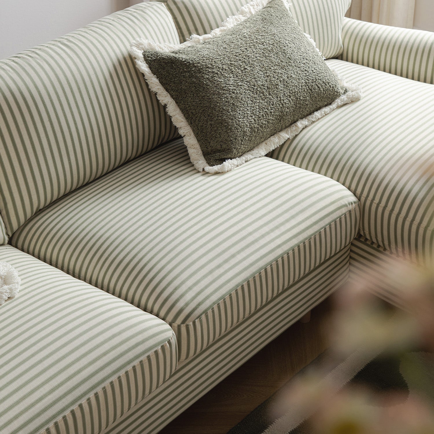 Daphnis Green Striped Linen Blend Sofa, Grande Chaise Sofa Right Hand Facing