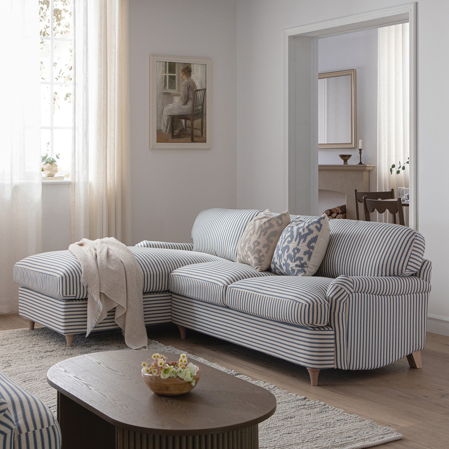 Daphnis Blue Striped Linen Blend Sofa Bed, Grande Chaise Left Hand Facing