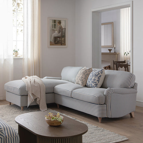 Daphnis Blue Striped Linen Blend Sofa Bed, Grande Chaise Left Hand Facing
