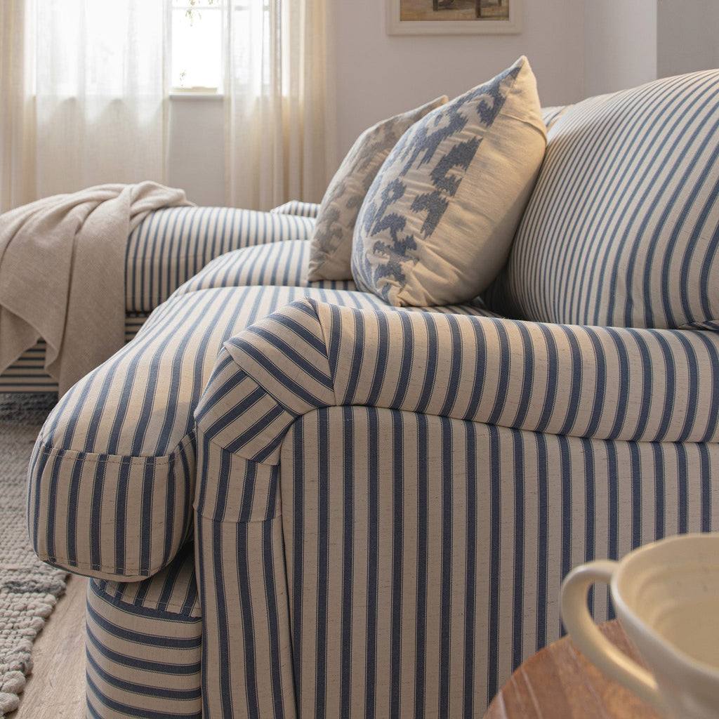 Daphnis Blue Striped Linen Blend Sofa Bed, Grande Chaise Left Hand Facing