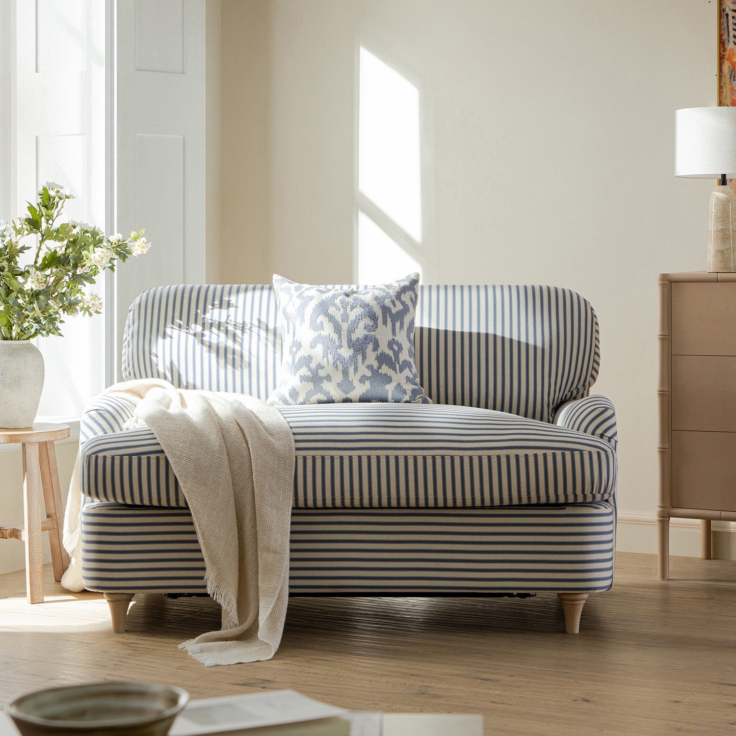 Daphnis Blue Striped Linen Blend Fabric Sofa Bed, Loveseat